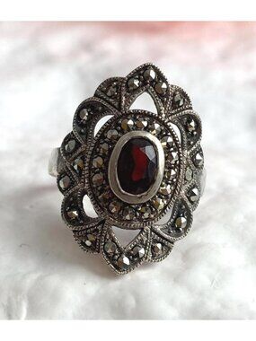Art Deco Garnet & Marcasite Accented Sterling Silver 925 Vintage Ring - sz 6